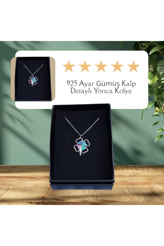 925 Ayar Gümüş Kalp Detaylı Yonca Kolye