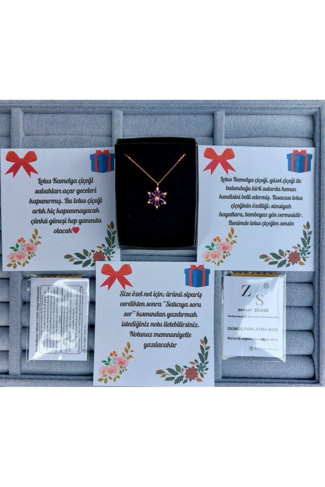 925 Ayar Gümüş Zincirli Ametist Taşlı Rose Kaplama Lotus Kamelya Çiçeği Kolye