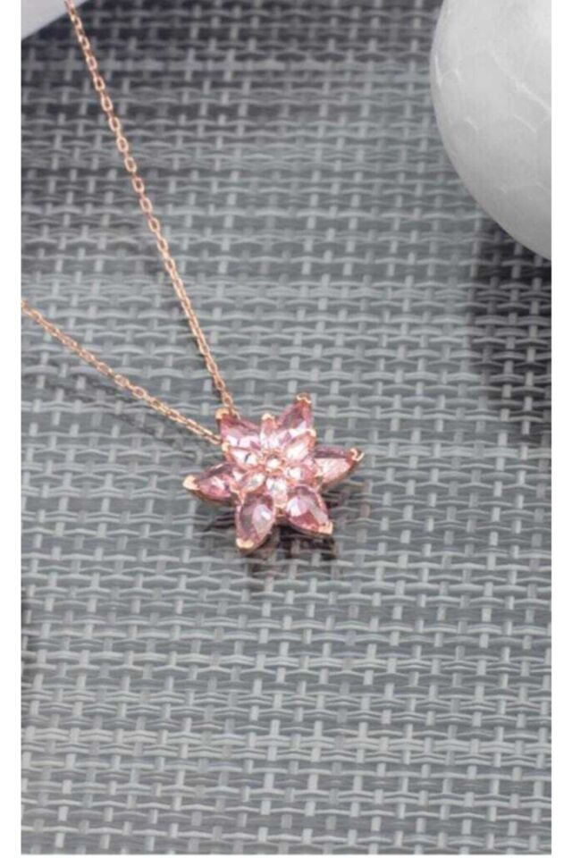 925 Ayar Gümüş Zincirli Pembe Zirkon Taşli Nilüfer Çiçeği Kadin Kolye