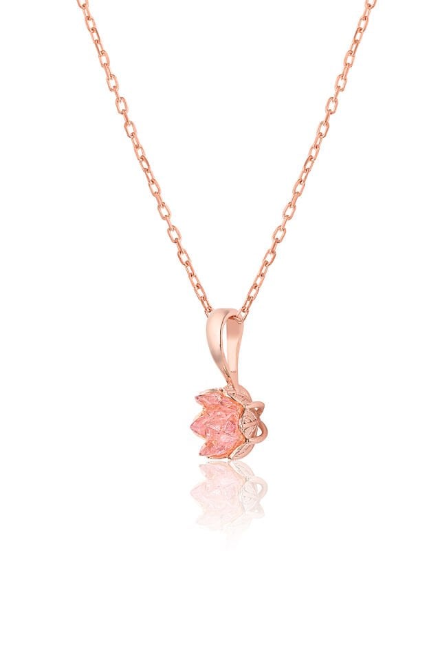 925 Ayar Gümüş Zincirli Rose Kaplamalı Lotus Çiçeği Kolye