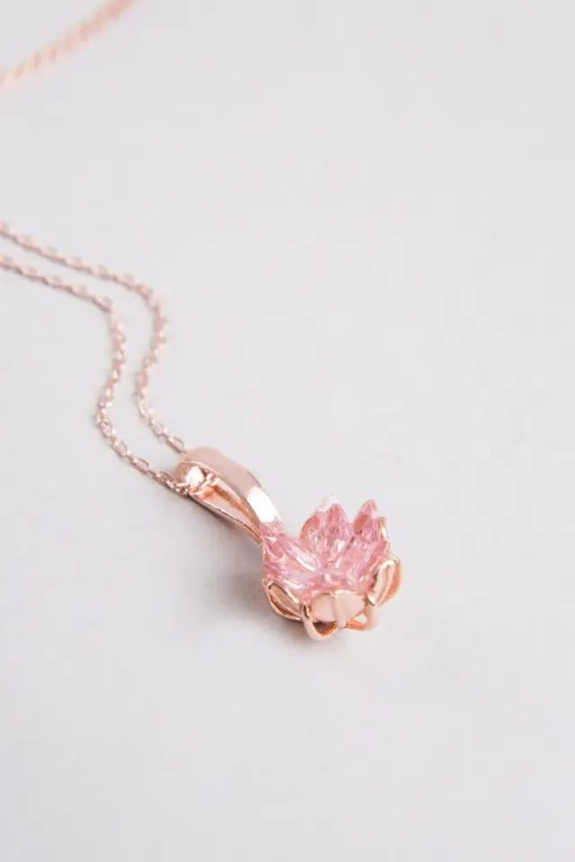 925 Ayar Gümüş Zincirli Rose Kaplamalı Lotus Çiçeği Kolye Pembe Taşlı