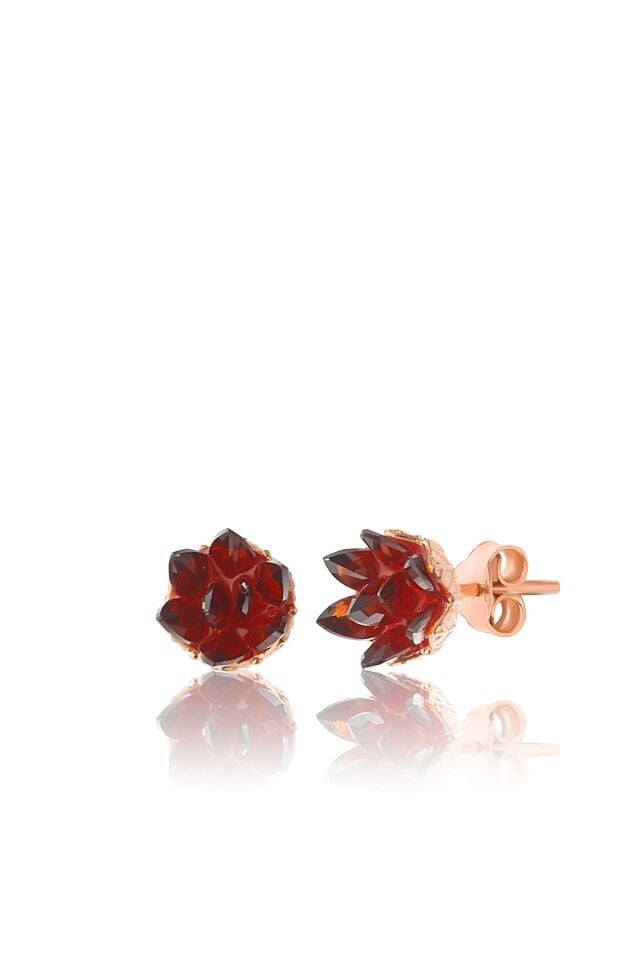 925 Ayar Gümüş, Garnet Taşlı Rose Kaplama Lotus Çiçeği Küpe