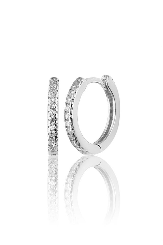 925 Ayar Gümüş Rodyum Kaplama Tamtur Zirkon Taşlı Halka Küpe 14 Mm