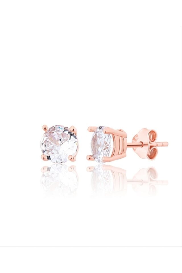 925 Ayar Gümüş Rose Kaplamalı Pırlanta Montürlü Tektaş Küpe 6 Mm